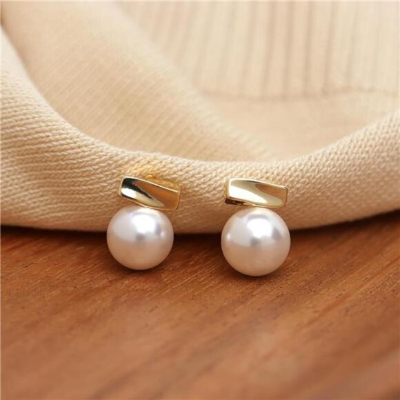 Small Square Gold Pearl Stud Earrings – 14K Gold Plated Hypoallergenic Jewelry - Picture 5 of 7